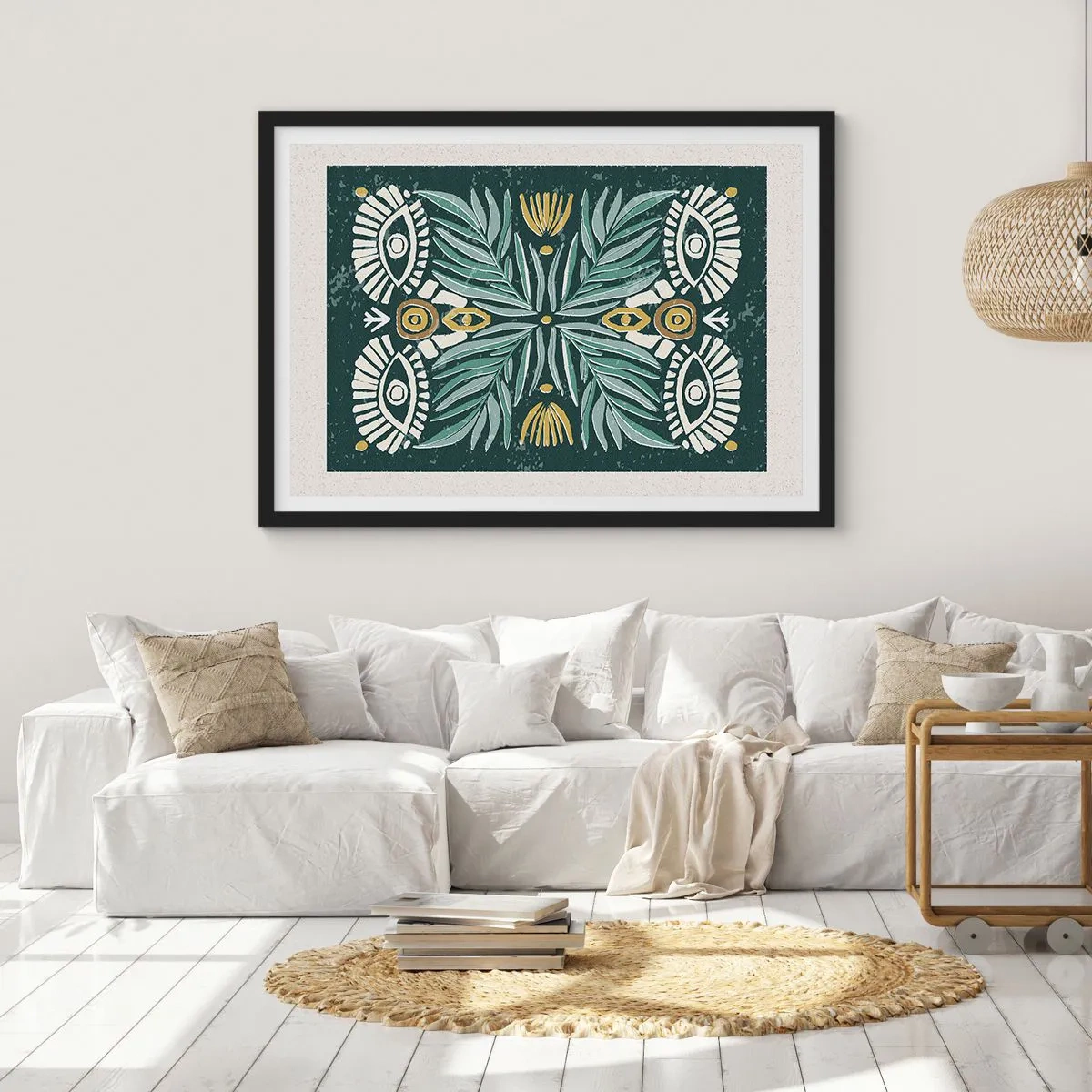 Poster in einem schwarzem Rahmen - Symmetrisches Pflanzenmuster auf grünem Hintergrund - 70x50cm - Wie ein Volksausschnitt - Moderne Wanddekoration für Wohnzimmer und Schlafzimmer ARTTOR