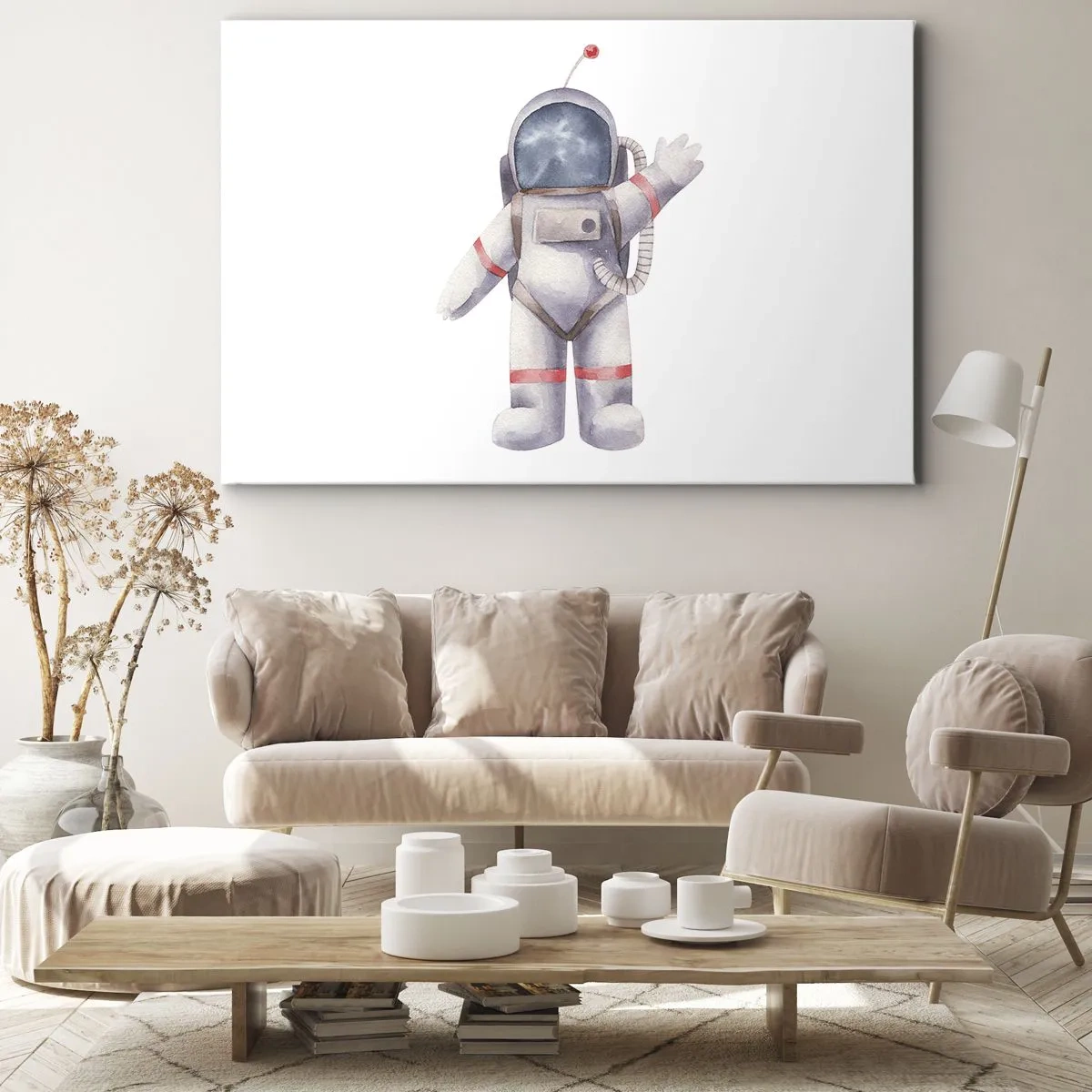 Bild auf Leinwand - Leinwandbild - Astronaut im Aquarellstil auf weißem Hintergrund - 100x70cm - Bis dann! - Moderne Wanddekoration für Wohnzimmer und Schlafzimmer ARTTOR