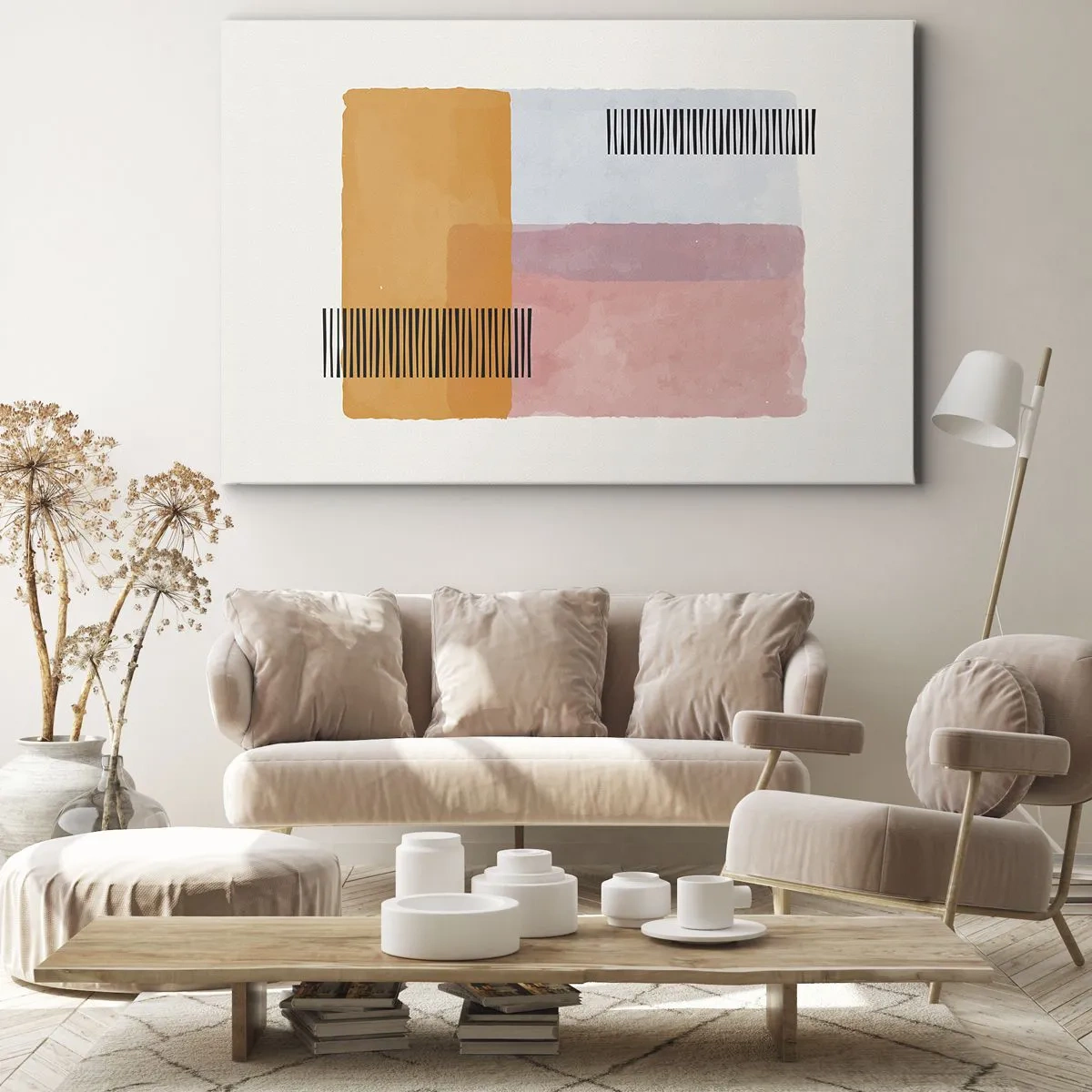 Bild auf Leinwand - Leinwandbild - Geometrie in Pastellfarben mit Linien auf hellem Hintergrund - 70x50cm - Von Ecke zu Ecke - Moderne Wanddekoration für Wohnzimmer und Schlafzimmer ARTTOR