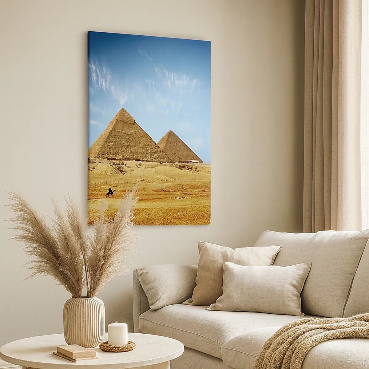 Bild auf Leinwand - Leinwandbild - Die Pyramiden von Gizeh vor blauem Himmel und Wüstenlandschaft - 50x70cm - 40 Jahrhunderte schauen dich an - Moderne Wanddekoration für Wohnzimmer und Schlafzimmer ARTTOR