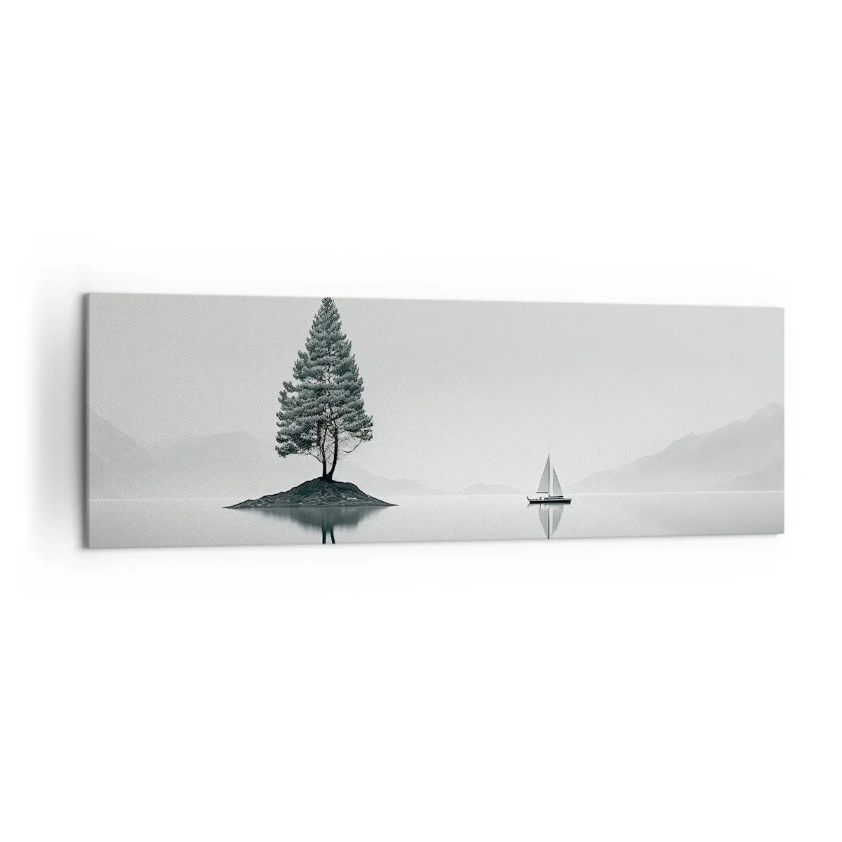 Bild auf Leinwand - Leinwandbild - Eine minimalistische Landschaft mit einem Baum auf einer Insel und einem Segelboot. - 160x50cm - Traum - Moderne Wanddekoration für Wohnzimmer und Schlafzimmer ARTTOR