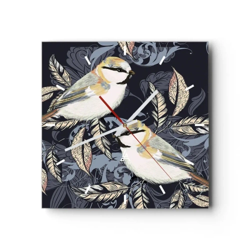 Wanduhr - Glasuhr - Vögel auf Zweigen vor ornamentalem Hintergrund - 30x30cm - Gelb-blauer Triller - Moderne Wanddekoration für Wohnzimmer und Schlafzimmer ARTTOR