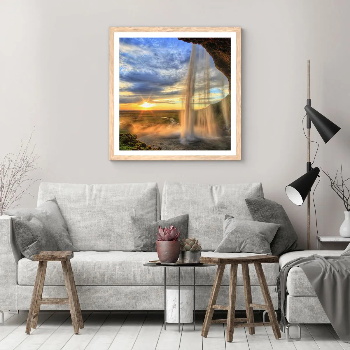 Poster in einem Rahmen aus heller Eiche - Die Welt hinter einem Schleier aus Tropfen - 40x40 cm