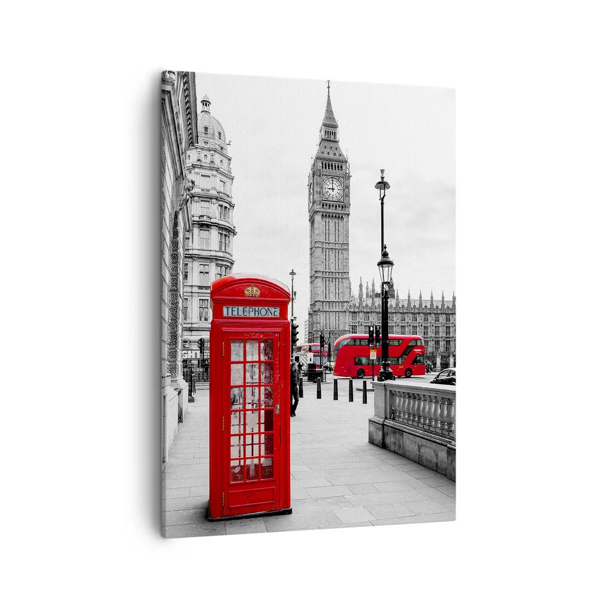 Bild auf Leinwand - Leinwandbild - Eine rote Telefonzelle mit Big Ben im Hintergrund in London - 50x70cm - London, ohne Zweifel - Moderne Wanddekoration für Wohnzimmer und Schlafzimmer ARTTOR
