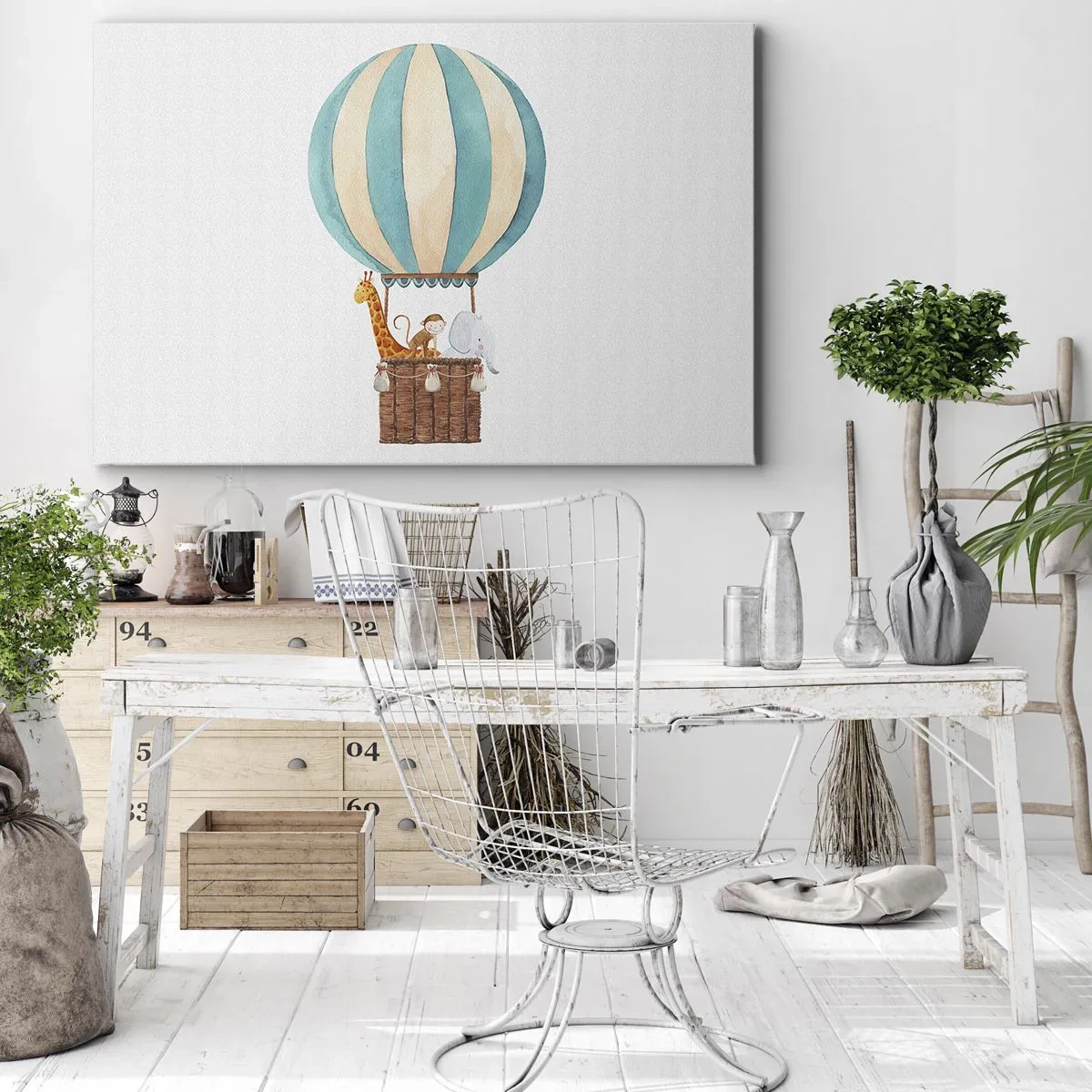 Bild auf Leinwand - Leinwandbild - Ein Ballon mit süßen Tieren in Pastellfarben - 70x50cm - Fantastische Reise - Moderne Wanddekoration für Wohnzimmer und Schlafzimmer ARTTOR