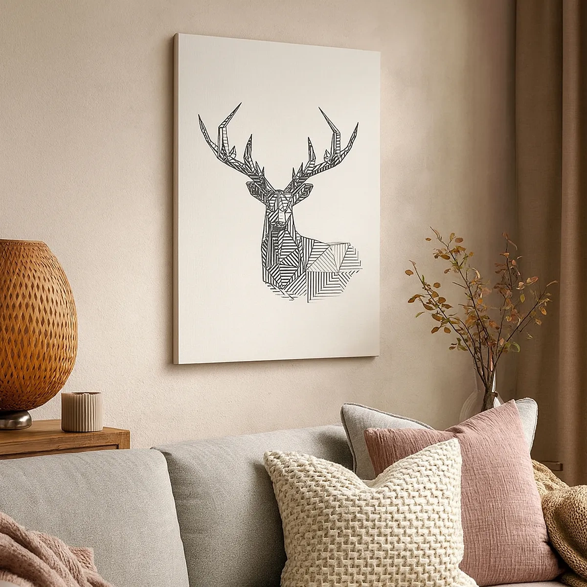 Bild auf Leinwand - Leinwandbild - Geometrisches Bild eines Hirsches im minimalistischen Schwarz-Weiß-Stil - 50x70cm - Ein Hirsch im kubistischen Stil - Moderne Wanddekoration für Wohnzimmer und Schlafzimmer ARTTOR