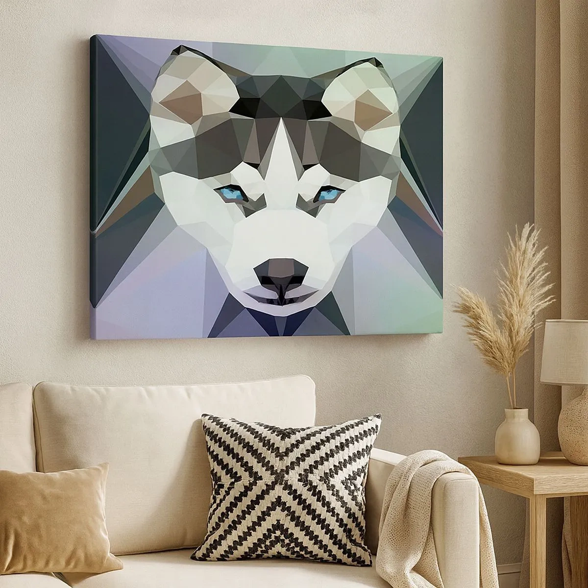 Bild auf Leinwand - Leinwandbild - Geometrischer Wolf mit ausdrucksstarken blauen Augen - 70x50cm - Die Erinnerung an den Schnee des Nordens - Moderne Wanddekoration für Wohnzimmer und Schlafzimmer ARTTOR