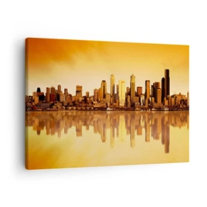 Bild auf Leinwand - Leinwandbild - Stadtpanorama spiegelt sich im Wasser bei Sonnenuntergang - 70x50cm - Die Stille der Metropole - Moderne Wanddekoration für Wohnzimmer und Schlafzimmer ARTTOR