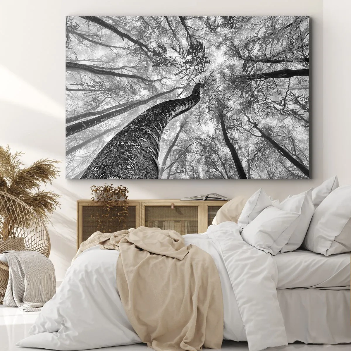 Bild auf Leinwand - Leinwandbild - Perspektive von Bäumen in einem Wald von unten gesehen in Grautönen - 100x70cm - Rennen zum Licht - Moderne Wanddekoration für Wohnzimmer und Schlafzimmer ARTTOR