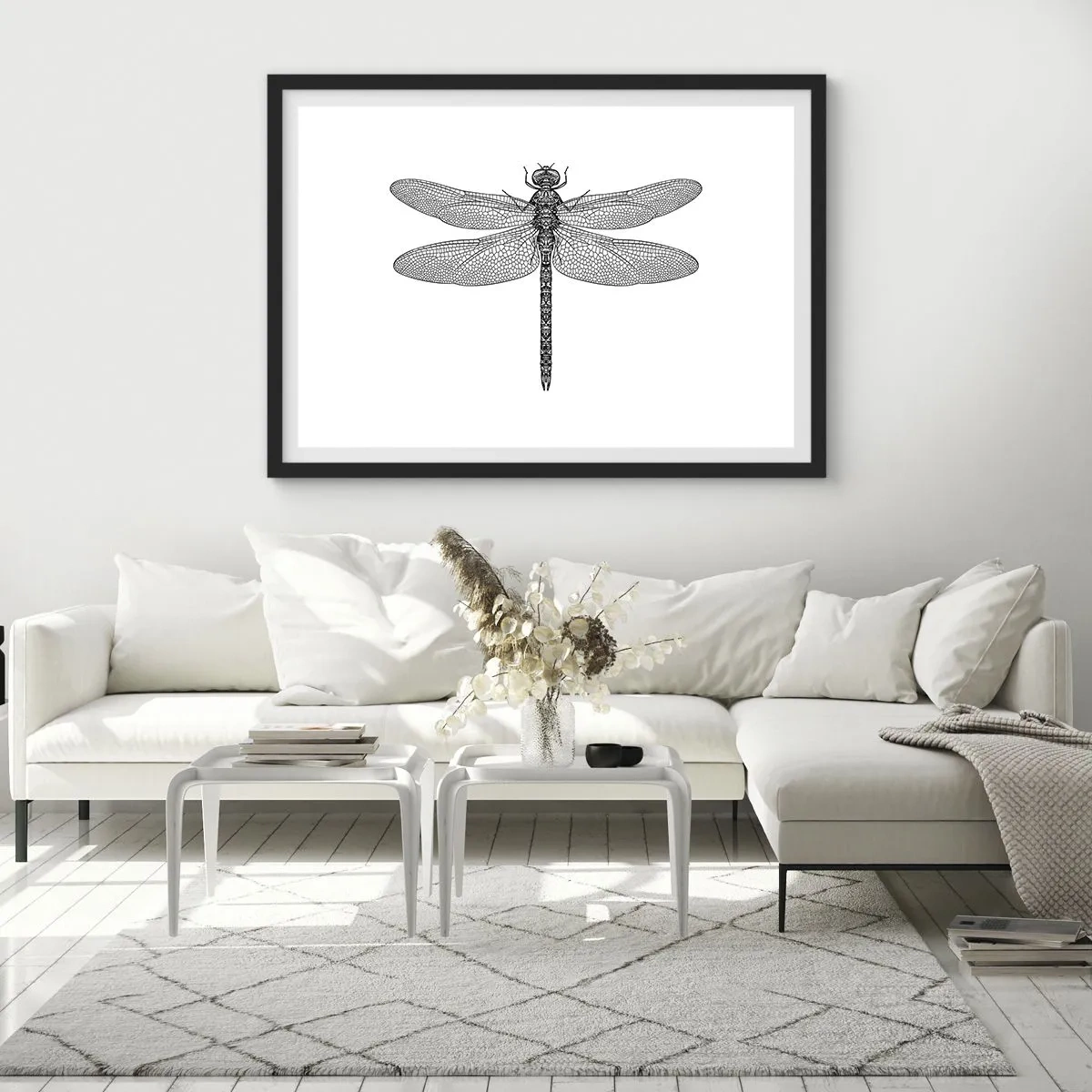 Poster in einem schwarzem Rahmen - Schwarz-weiße Zeichnung einer Libelle auf weißem Hintergrund im minimalistischen Stil - 100x70cm - Präzision der Natur - Moderne Wanddekoration für Wohnzimmer und Schlafzimmer ARTTOR