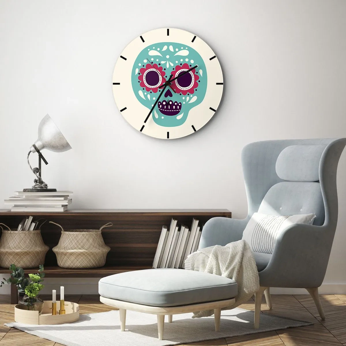 Wanduhr - Glasuhr - Bunter Totenkopf im mexikanischen Stil auf hellem Hintergrund - 30x30cm - Das Leben – Spaß bis zum Tod - Moderne Wanddekoration für Wohnzimmer, Küche und Schlafzimmer ARTTOR