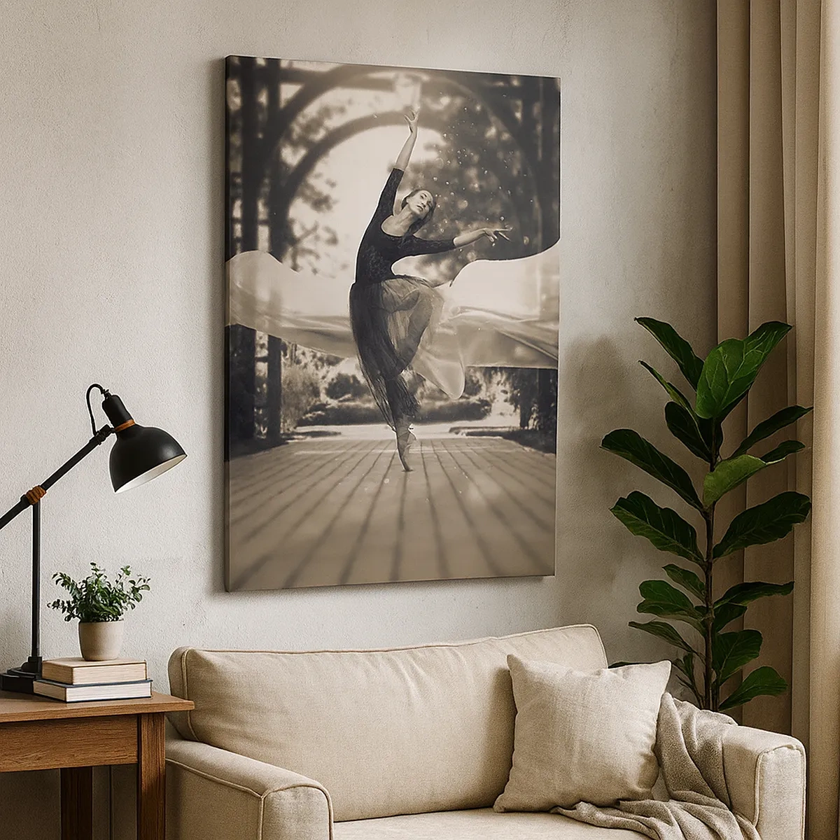 Bild auf Leinwand - Leinwandbild - Eine Tänzerin in einem wallenden Kleid führt einen Sprung vor einer schwarz-weißen Gartenkulisse aus. - 50x70cm - Der Tanz des Gartengeistes - Moderne Wanddekoration für Wohnzimmer und Schlafzimmer ARTTOR