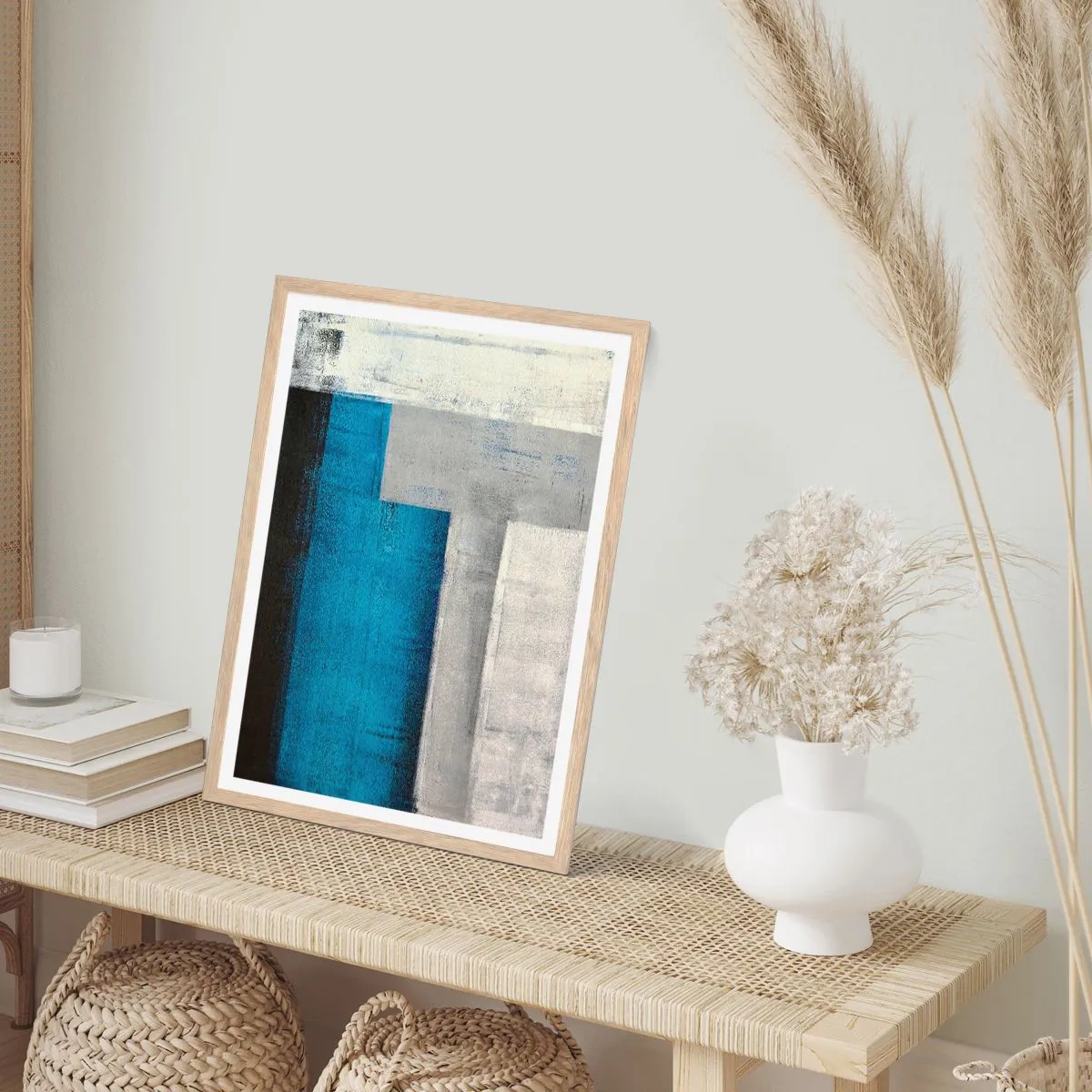 Poster in einem Rahmen aus heller Eiche - Poetische Komposition aus Grau und Blau - 50x70 cm