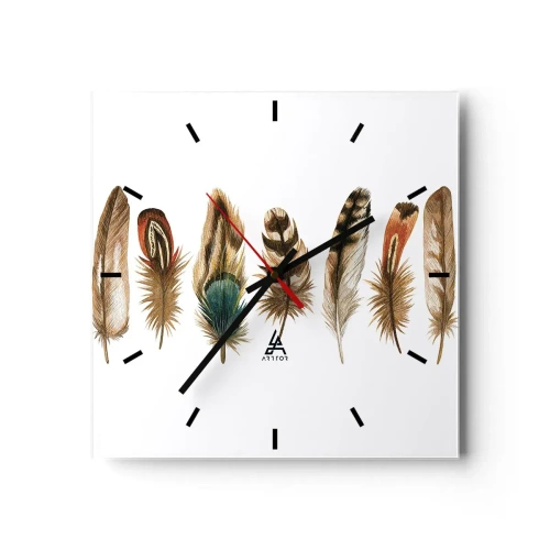 Wanduhr - Glasuhr - Dekoratives Motiv einer Sammlung verschiedener Federn - 30x30cm - Eine federleichte Variante - Moderne Wanddekoration für Wohnzimmer und Schlafzimmer ARTTOR