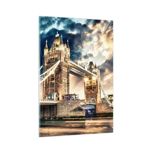 Glasbild - Bild auf glas - Tower Bridge in der Abenddämmerung vor einem dynamischen Himmel - 80x120cm - Denkmal des viktorianischen Imperiums - Moderne Wanddekoration für Wohnzimmer und Schlafzimmer ARTTOR