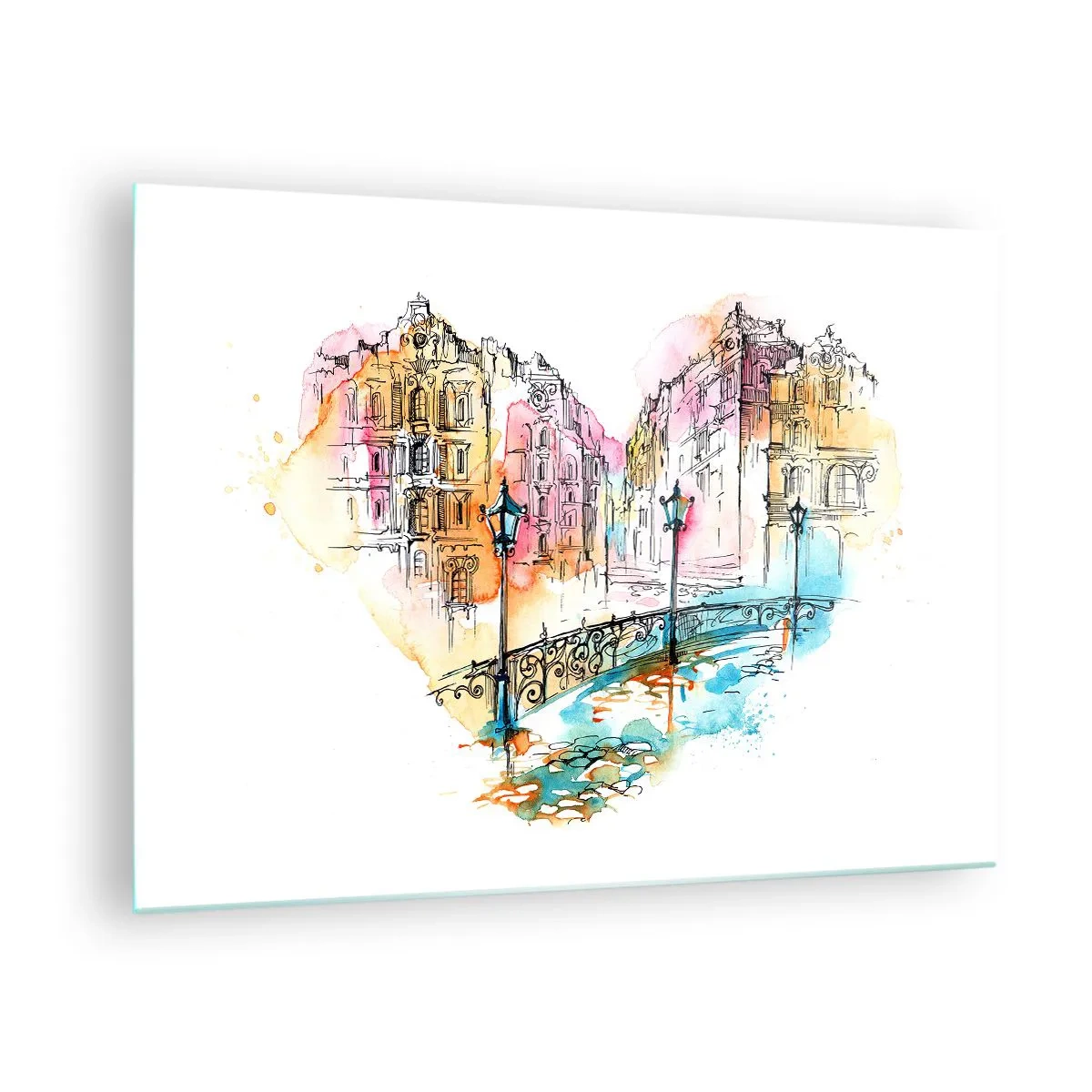Glasbild - Bild auf glas - Romantische Mietshäuser mit herzförmiger Brücke, Aquarell - 70x50cm - Das Herz der Stadt - Moderne Wanddekoration für Wohnzimmer und Schlafzimmer ARTTOR