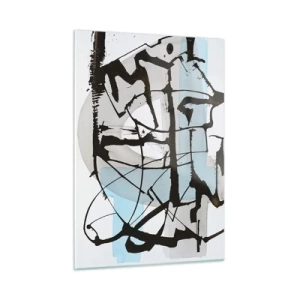 Glasbild - Bild auf glas - Abstrakte Komposition mit schwarzer Skizze und blauen Flecken - 50x70cm - Trotzdem blau - Moderne Wanddekoration für Wohnzimmer und Schlafzimmer ARTTOR