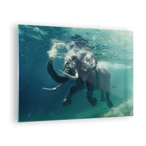 Glasbild - Bild auf glas - Ein Elefant, der unter Wasser im blauen Ozean schwimmt - 70x50cm - Jeder schwimmt gerne - Moderne Wanddekoration für Wohnzimmer und Schlafzimmer ARTTOR