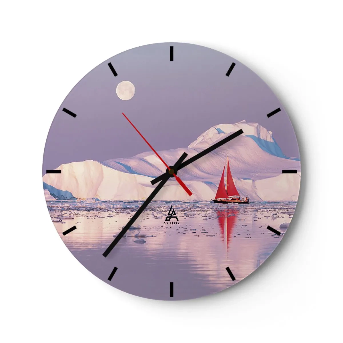 Wanduhr - Glasuhr - Ein Segelschiff mit Eisbergen im Hintergrund im Mondlicht - 30x30cm - Die Hitze des Segels, die Kälte des Eises - Moderne Wanddekoration für Wohnzimmer, Küche und Schlafzimmer ARTTOR