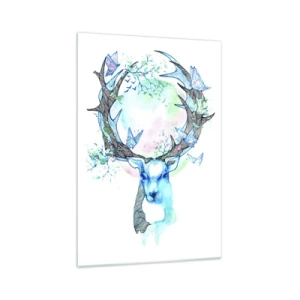 Glasbild - Bild auf glas - Eine skurrile Hirschgrafik mit Natur- und Schmetterlingsmotiv - 70x100cm - Die Kraft und Feinheit der Natur - Moderne Wanddekoration für Wohnzimmer und Schlafzimmer ARTTOR