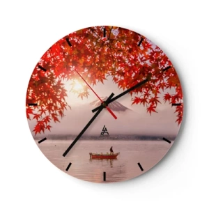Wanduhr - Glasuhr - Herbstlaub mit dem Berg Fuji im Hintergrund und einem Boot auf einem See - 30x30cm - Im japanischen Klima - Moderne Wanddekoration für Wohnzimmer, Küche und Schlafzimmer ARTTOR