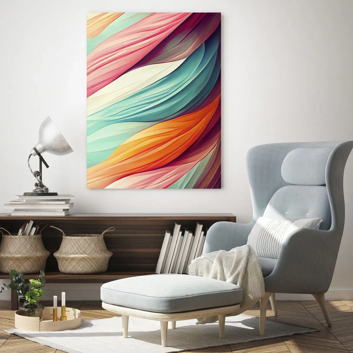 Glasbild - Bild auf glas - Abstrakte Linien in Pastell- und leuchtenden Farben - 70x100cm - Regenbogengewebe - Moderne Wanddekoration für Wohnzimmer und Schlafzimmer ARTTOR