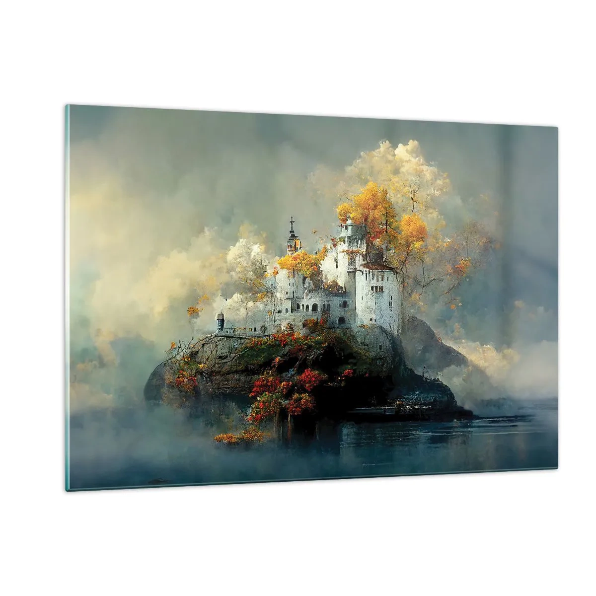Glasbild - Bild auf glas - Eine Burg auf einem Felsen, umgeben von Nebel und Herbstbäumen - 120x80cm - Beginn einer romantischen Geschichte - Moderne Wanddekoration für Wohnzimmer und Schlafzimmer ARTTOR