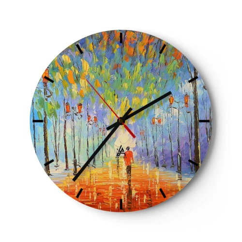 Wanduhr - Glasuhr - Eine bunte Allee mit Bäumen und einer Person, die in der Ferne spazieren geht - 30x30cm - Nachtlied des Regens - Moderne Wanddekoration für Wohnzimmer, Küche und Schlafzimmer ARTTOR