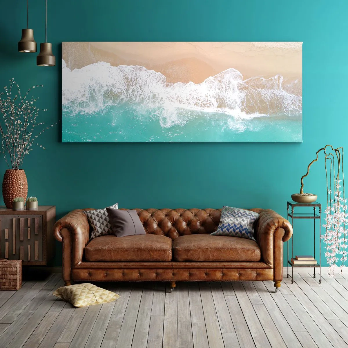 Bild auf Leinwand - Leinwandbild - Eine Vogelperspektive auf einen Strand mit türkisfarbenem Wasser und sanften Wellen - 160x50cm - Eine streichelnde Berührung - Moderne Wanddekoration für Wohnzimmer und Schlafzimmer ARTTOR