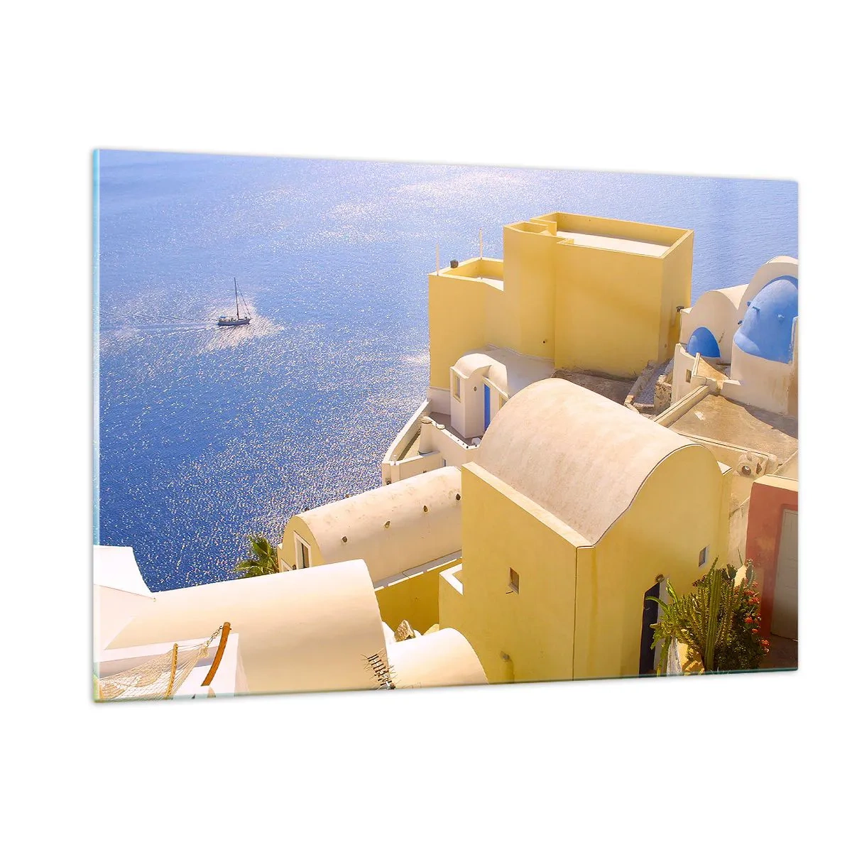 Glasbild - Bild auf glas - Blick auf Santorin mit blauem Meer und weißen Gebäuden - 120x80cm - Griechische Landschaft in Weiß und Blau - Moderne Wanddekoration für Wohnzimmer und Schlafzimmer ARTTOR