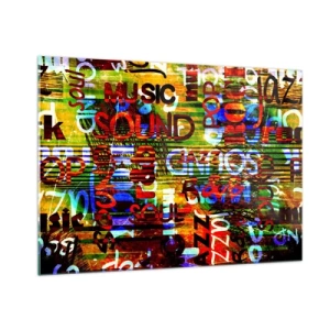 Glasbild - Bild auf glas - Bunte Inschriften auf einem künstlerischen Mosaikhintergrund - 100x70cm - Alle Farben des Klangs - Moderne Wanddekoration für Wohnzimmer und Schlafzimmer ARTTOR