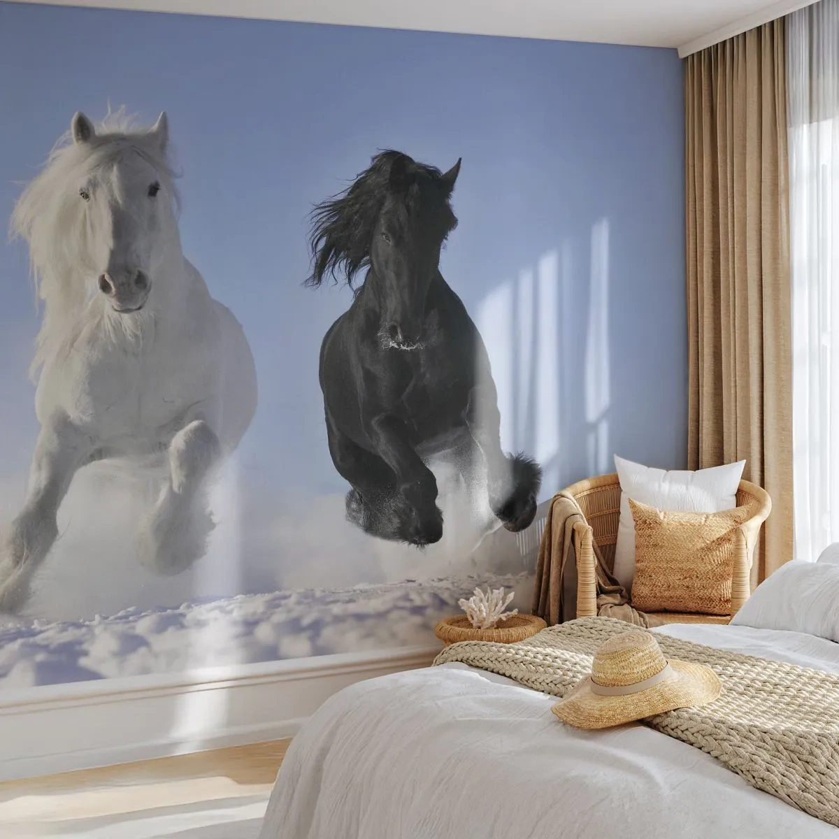 Fototapete Premium Canvas - Schwarz-Weiß-Galopp - Tiere, Pferd, Winter - 200x140 cm