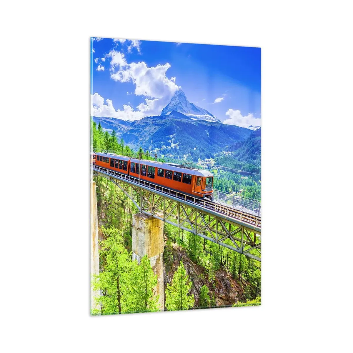 Glasbild - Bild auf glas - Eine Achterbahn auf einer Brücke mit Blick auf einen Wasserfall und Berge - 80x120cm - Jetzt sind Alpen dran - Moderne Wanddekoration für Wohnzimmer und Schlafzimmer ARTTOR