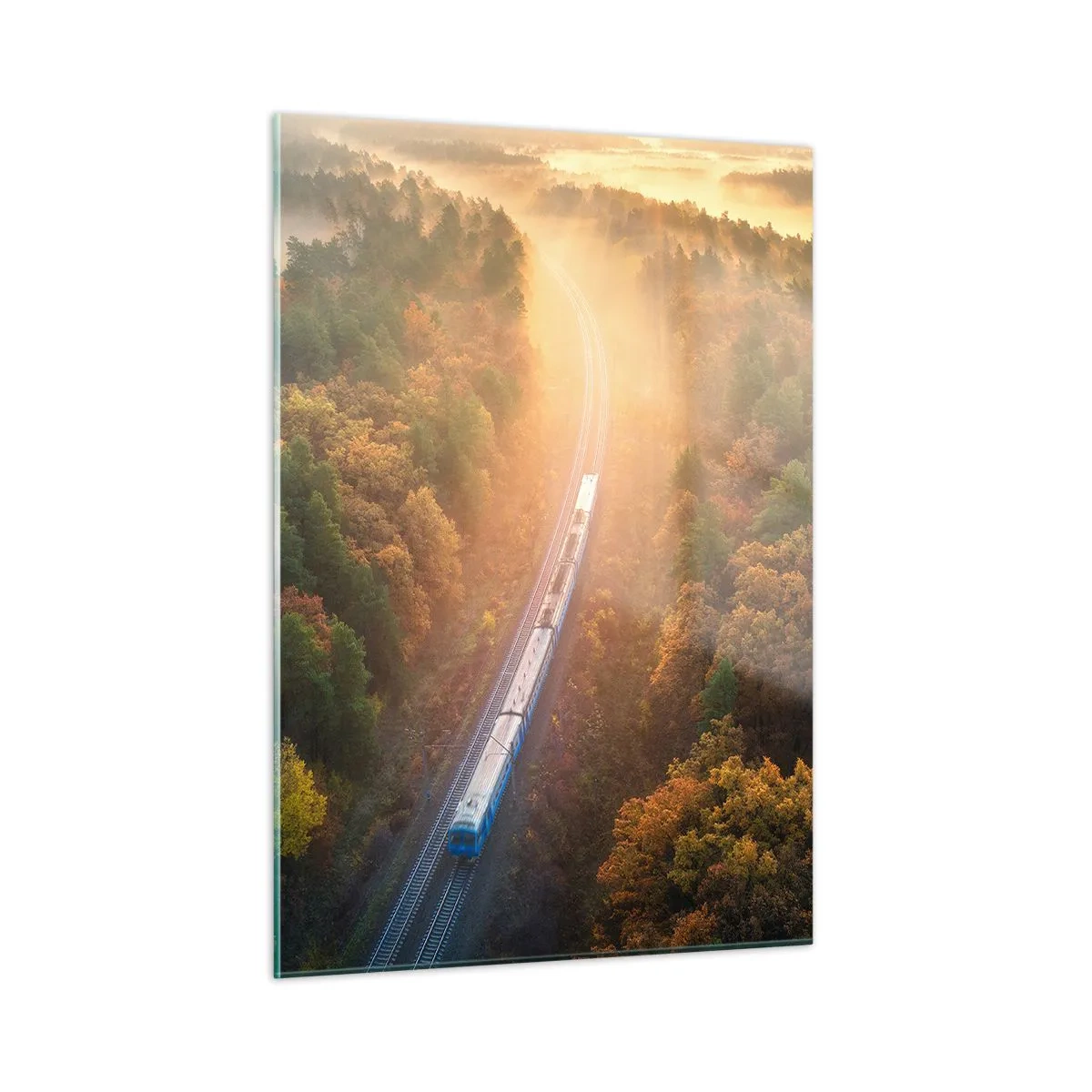 Glasbild - Bild auf glas - Ein Zug in einer malerischen Herbstlandschaft, voller Wärme und Nostalgie - 50x70cm - Herbstreise - Moderne Wanddekoration für Wohnzimmer und Schlafzimmer ARTTOR