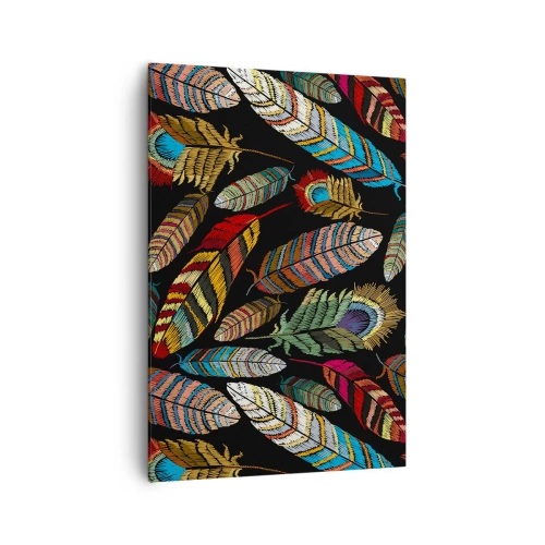 Bild auf Leinwand - Leinwandbild - Bunte Federn auf schwarzem Hintergrund - 70x100cm - Der Vogelkarneval - Moderne Wanddekoration für Wohnzimmer und Schlafzimmer ARTTOR