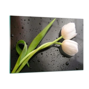 Glasbild - Bild auf glas - Weiße Tulpen auf einem Hintergrund mit Wassertropfen - 120x80cm - Frühlingsgewebe - Moderne Wanddekoration für Wohnzimmer und Schlafzimmer ARTTOR