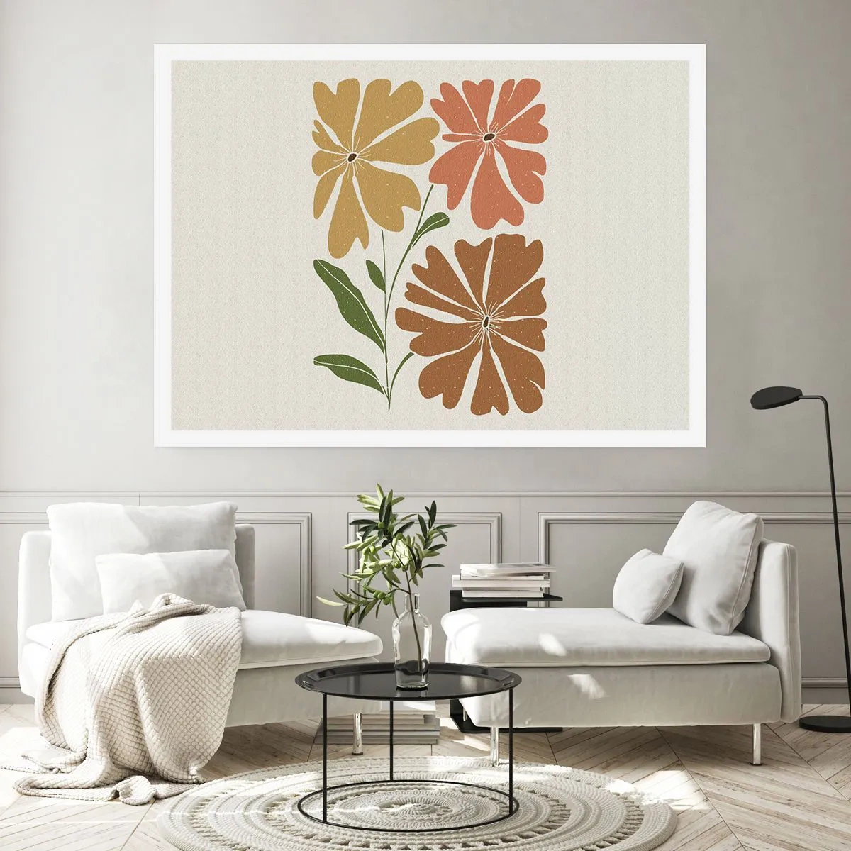 Poster - Drei Blumen in warmen Farben auf hellem Hintergrund - 100x70cm - Natur und Geometrie - Moderne Wanddekoration für Wohnzimmer und Schlafzimmer ARTTOR