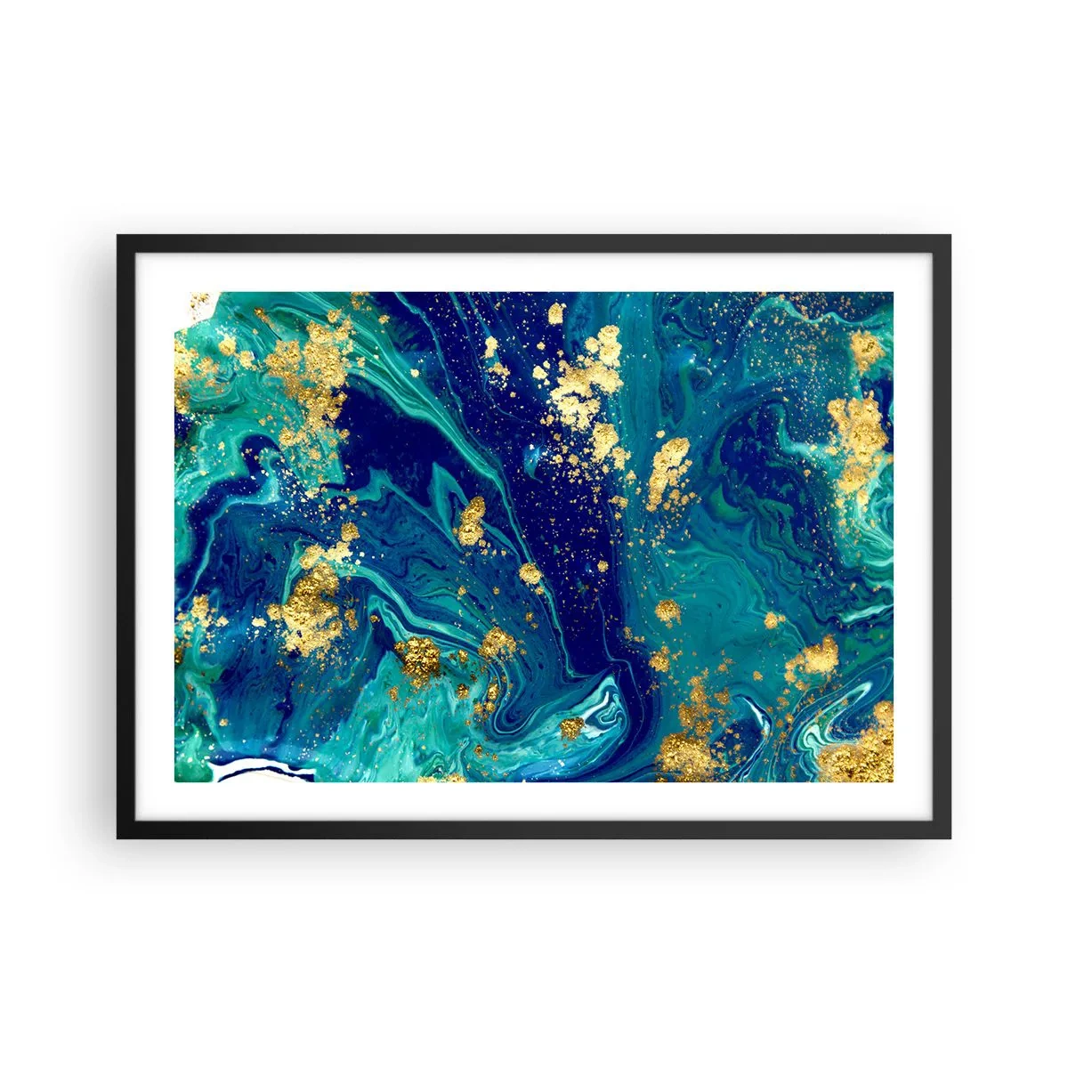 Poster in einem schwarzem Rahmen - Eine abstrakte Komposition mit blauen, grünen und goldenen Akzenten. - 70x50cm - Die Blütenblätter der Sonne - Moderne Wanddekoration für Wohnzimmer und Schlafzimmer ARTTOR