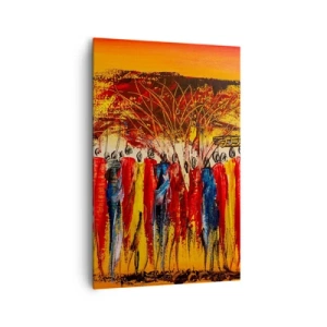 Bild auf Leinwand - Leinwandbild - Eine farbenfrohe Szene mit afrikanischen Figuren vor dem Hintergrund der untergehenden Sonne. - 80x120cm - Dort, dort, dort gehen sie - Moderne Wanddekoration für Wohnzimmer und Schlafzimmer ARTTOR