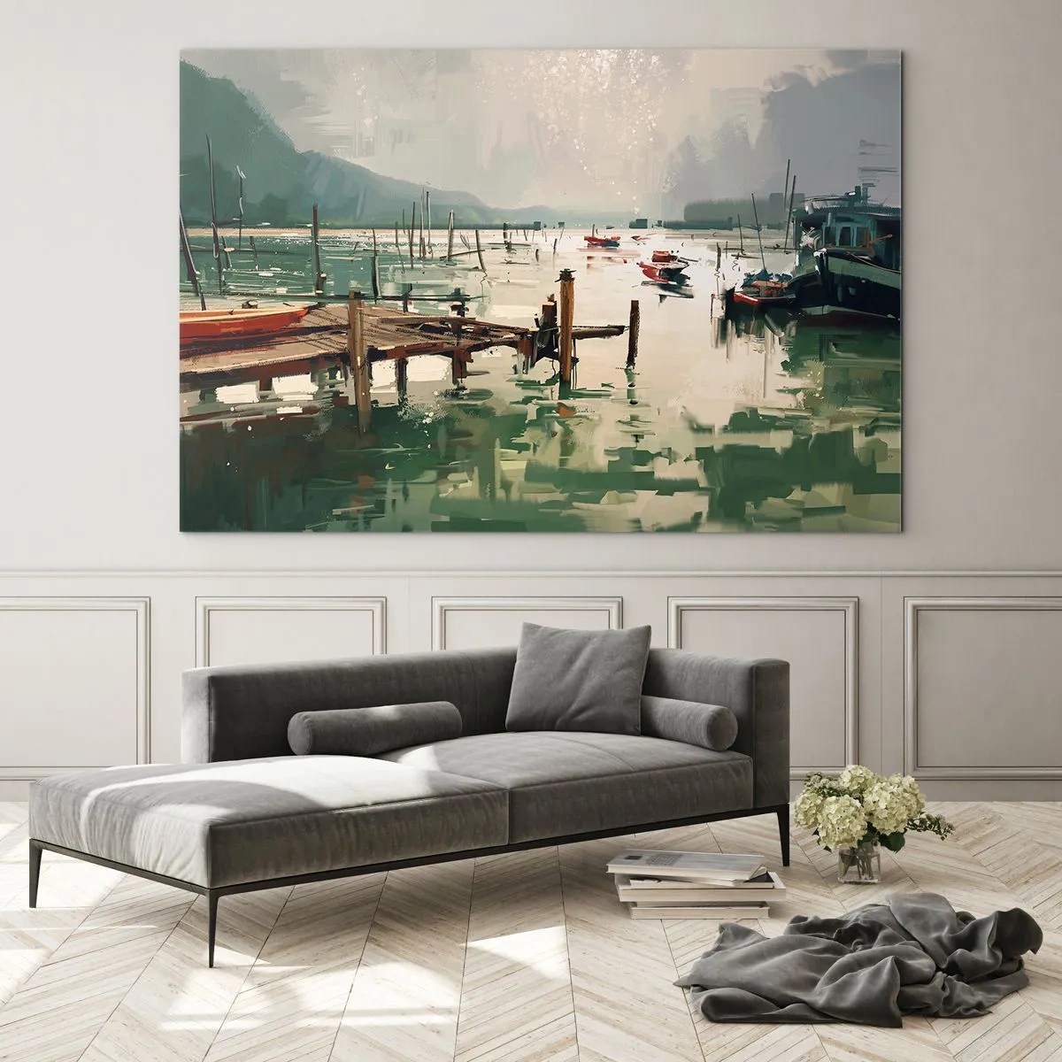 Glasbild - Bild auf glas - Ein Holzsteg und Boote auf ruhigem Wasser, umgeben von Bergen - 70x50cm - Durchnässt in einem geschmolzenen Mond - Moderne Wanddekoration für Wohnzimmer und Schlafzimmer ARTTOR