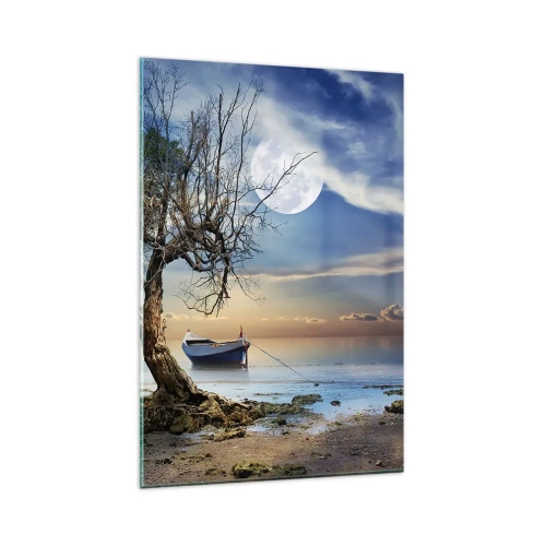 Glasbild - Bild auf glas - Ein einsamer Baum und ein Boot auf ruhigem Wasser unter Vollmond. - 80x120cm - Ist das das Ende oder der Anfang? - Moderne Wanddekoration für Wohnzimmer und Schlafzimmer ARTTOR