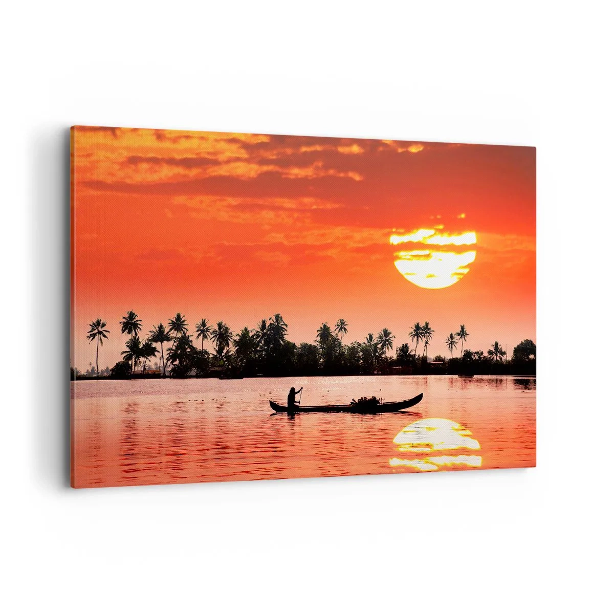 Bild auf Leinwand - Leinwandbild - Tropischer Sonnenuntergang mit einem Boot und Palmen im Hintergrund - 120x80cm - Die Ruhe der Tropen bei Sonnenuntergang - Moderne Wanddekoration für Wohnzimmer und Schlafzimmer ARTTOR