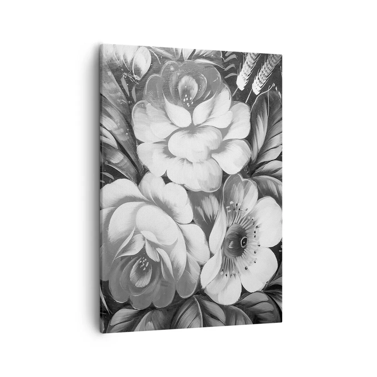 Bild auf Leinwand - Leinwandbild - Schwarze und weiße Blumen in einer klassischen und eleganten Komposition - 50x70cm - Schön auch in Grau - Moderne Wanddekoration für Wohnzimmer und Schlafzimmer ARTTOR