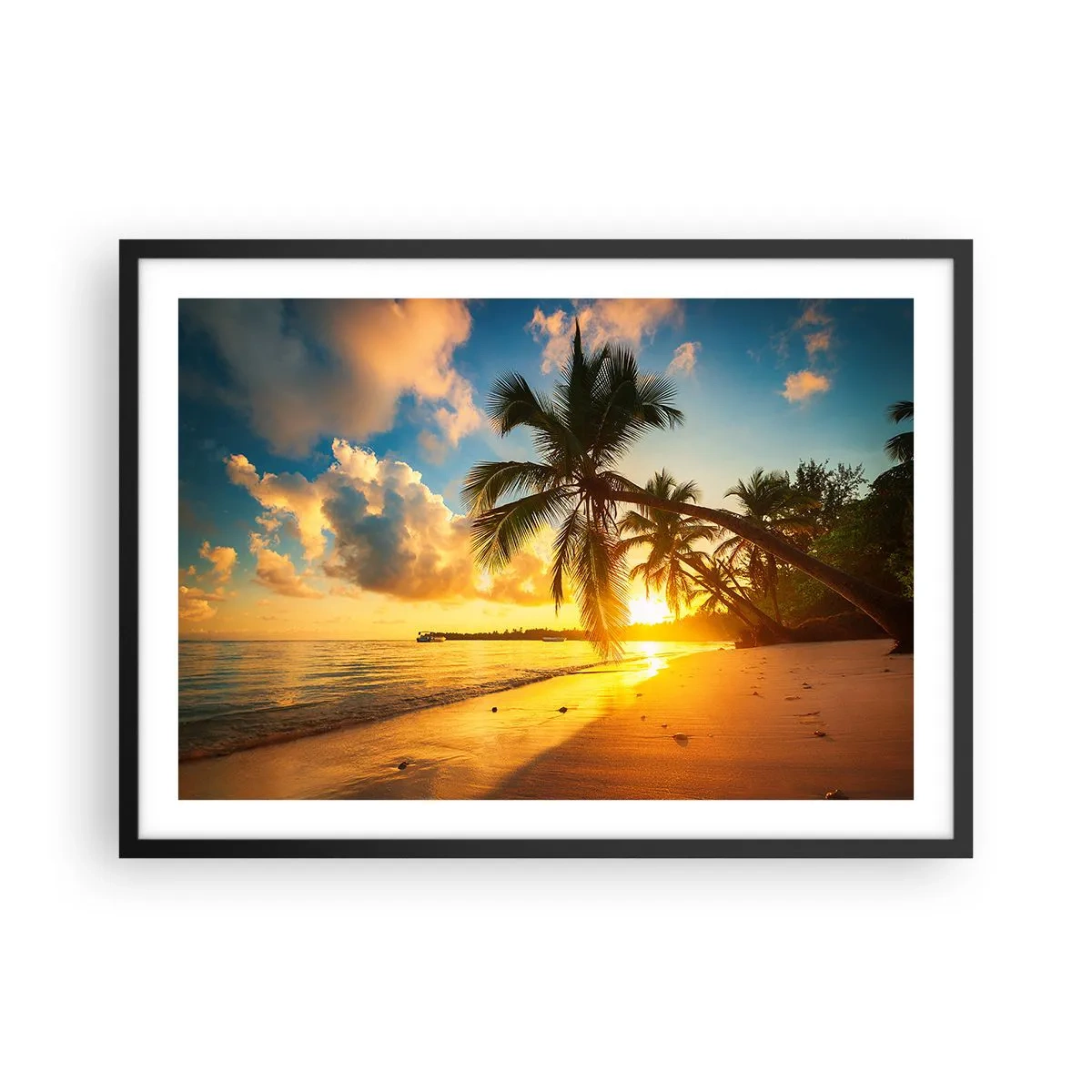 Poster in einem schwarzem Rahmen - Sonnenuntergang am Strand mit Palmen an der Küste - 70x50cm - Karibischer Traum - Moderne Wanddekoration für Wohnzimmer und Schlafzimmer ARTTOR