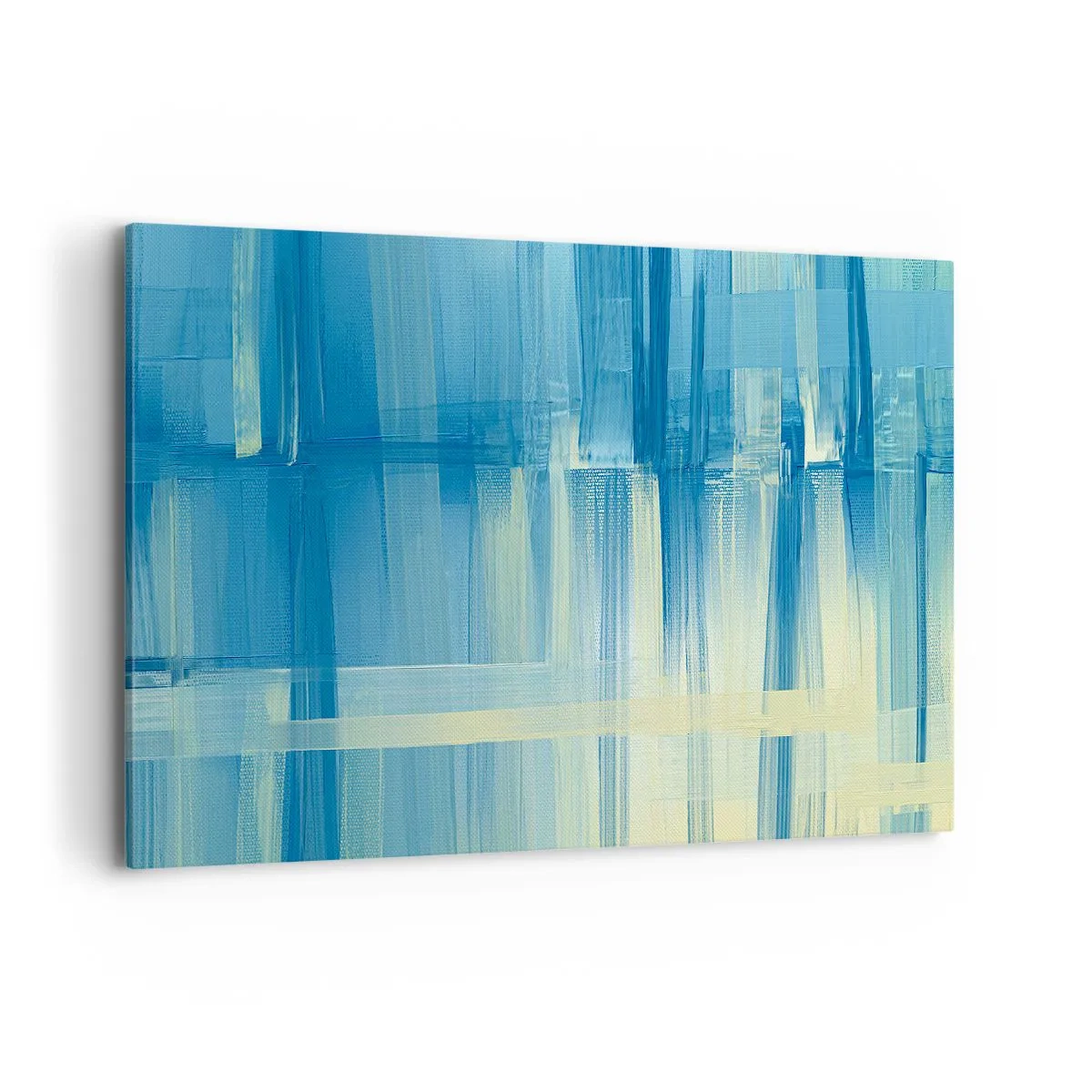 Bild auf Leinwand - Leinwandbild - Ein abstraktes Gemälde in Türkis- und Blautönen mit geometrischen Pinselstrichen. - 120x80cm - Komposition in Türkis - Moderne Wanddekoration für Wohnzimmer und Schlafzimmer ARTTOR