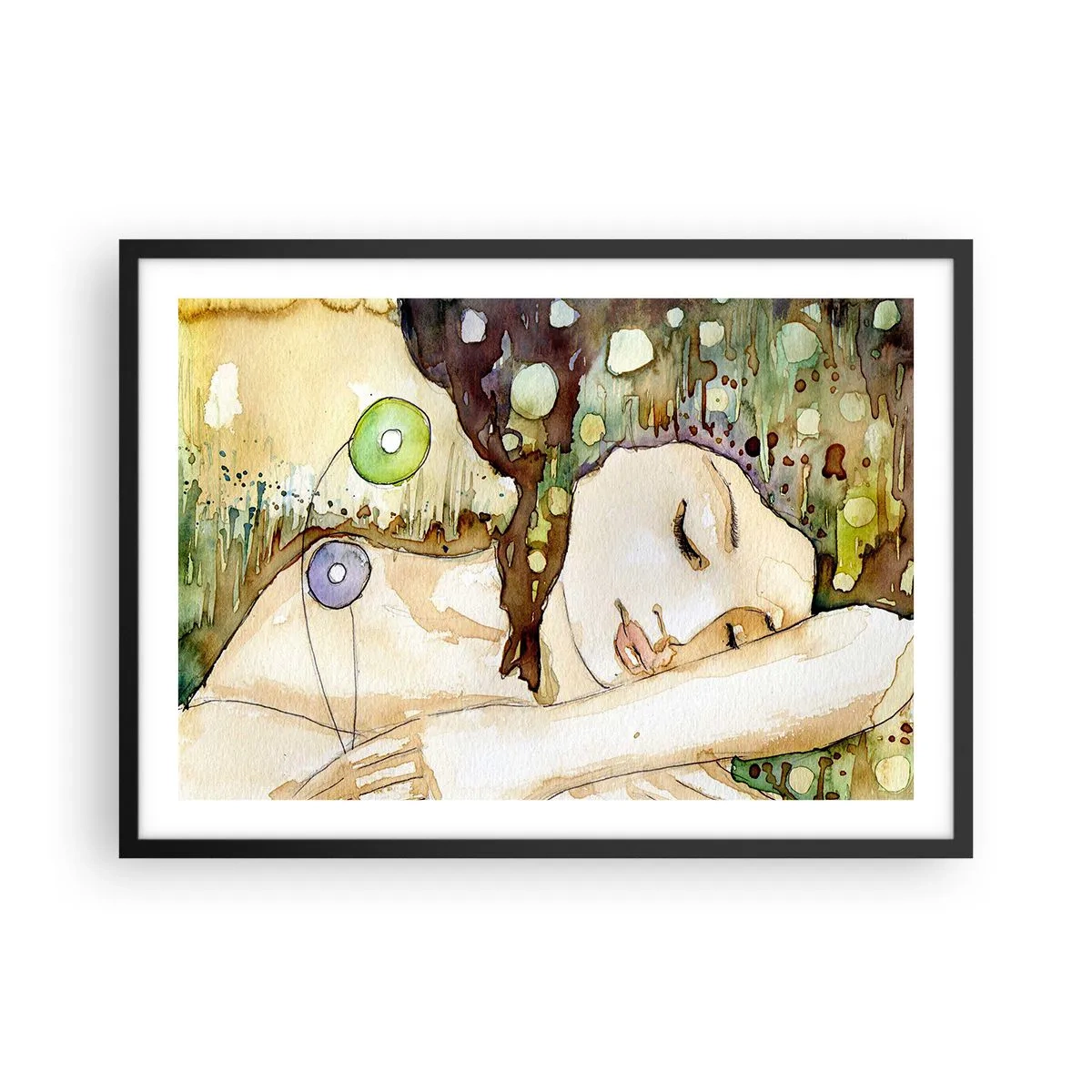 Poster in einem schwarzem Rahmen - Eine träumende Frau, umgeben von abstrakten Formen und Farben. - 70x50cm - Ein smaragd-violetter Traum - Moderne Wanddekoration für Wohnzimmer und Schlafzimmer ARTTOR
