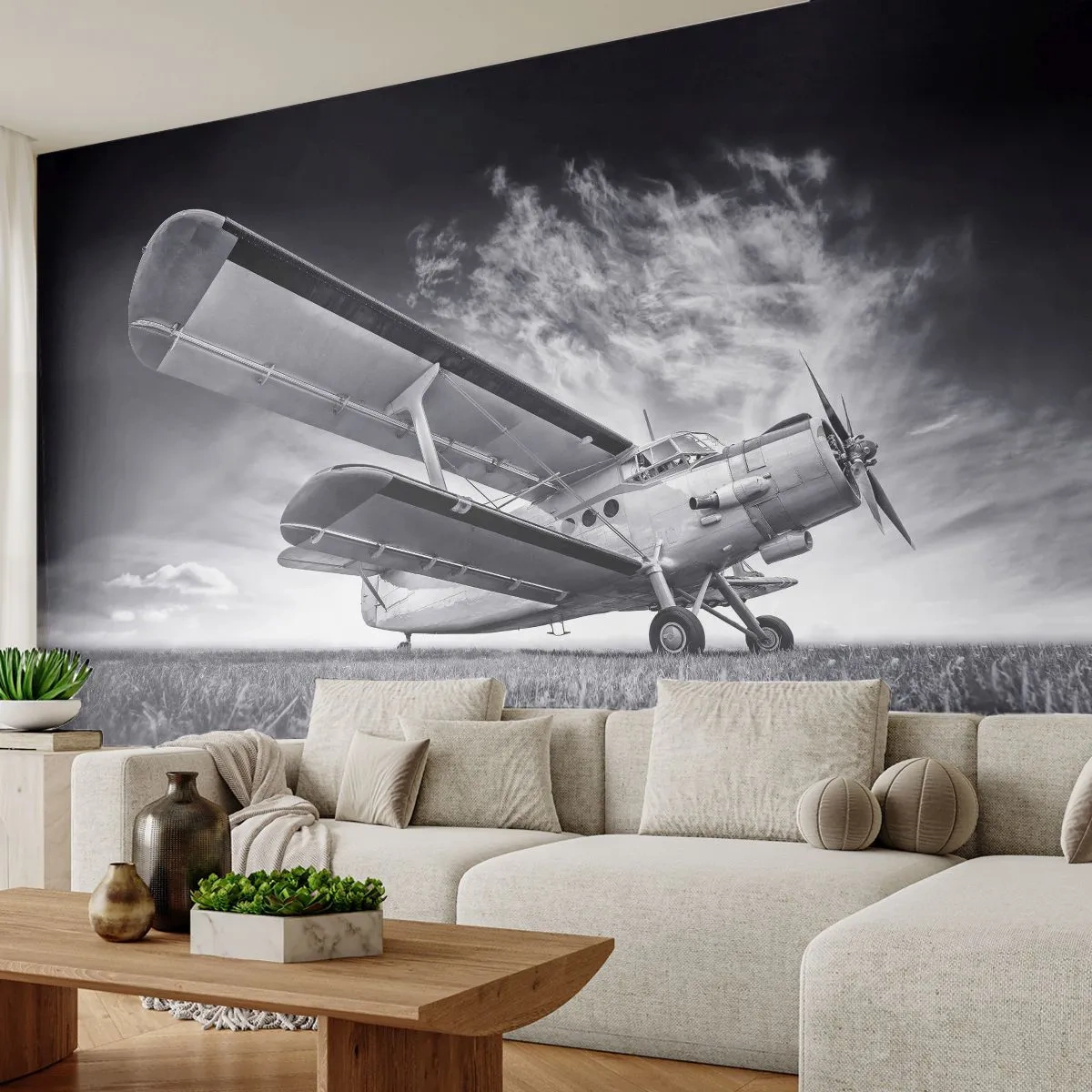 Fototapete Premium Canvas - Der geflügelte Wanderer - Flugzeug, Flugzeug, Schwarz und weiß - 350x256 cm