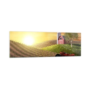 Glasbild - Bild auf glas - Ländliche Landschaft mit einer roten Scheune, Traktor und Sonnenaufgang - 160x50cm - Ein Bauernhof wie aus einem Märchen - Moderne Wanddekoration für Wohnzimmer und Schlafzimmer ARTTOR