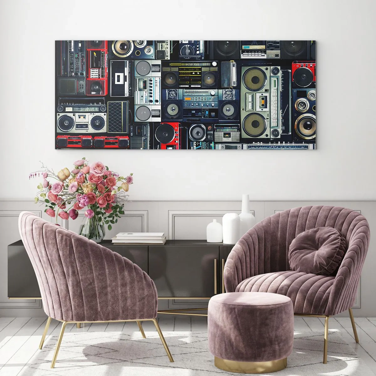 Glasbild - Bild auf glas - Eine Collage aus Retro-Tonbandgeräten und Vintage-Lautsprechern. - 120x50cm - Sehnsucht nach den 1980er Jahren - Moderne Wanddekoration für Wohnzimmer und Schlafzimmer ARTTOR