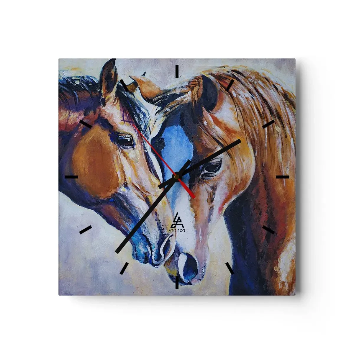 Wanduhr - Glasuhr - Eine bildliche Darstellung von zwei Pferden in einer freundlichen Umgebung. - 30x30cm - Ist es Freundschaft? ist es baby - Moderne Wanddekoration für Wohnzimmer und Schlafzimmer ARTTOR